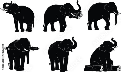 Elephant silhouettes carrying logs, working animals in forest, wildlife strength, logging industry, nature conservation, traditional labor, animal power, jungle scene