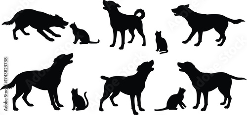 Black dog and cat silhouettes in various poses, domestic pets interaction, animal behavior illustration, pet relationship concept, vector design art