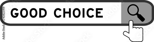 Search banner in word good choice with hand over magnifier icon on white background
