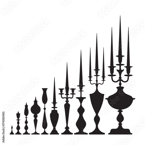 Collection of ornate vintage candelabra and candle holders in silhouette arranged in ascending size order against a white background