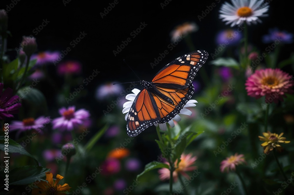 Fototapeta premium Butterfly with white and black wings resting on flowers in a summer garden setting
