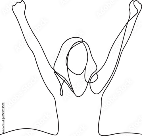 Woman celebrating with arms raised in victory line art one line art