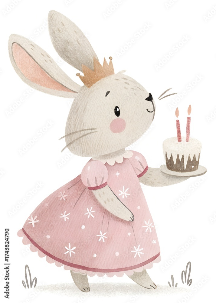 Obraz premium Cute bunny princess holds a birthday cake with candles. The adorable animal in a pink dress and crown smiles with joy. Whimsical watercolor illustration full of magic and childhood innocence.