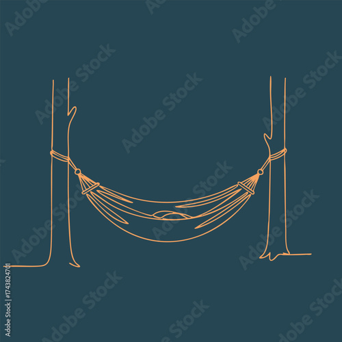 Minimalist line drawing of a hammock tied between two trees with a dark emphasizing simplicity and relaxation