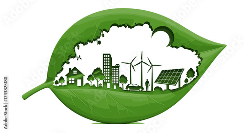 Sustainable city living inside leaf showcasing eco friendly lifestyle with renewable energy sources