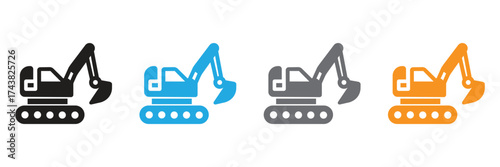 Excavator icons in black, blue, gray and orange make great additions to construction related designs. Perfect for websites, presentations or marketing material.
