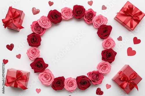 Circular arrangement of roses, presents, and ornamental hearts on a white backdrop. Valentine's celebration motif with empty space, viewed from above in a flat lay style.