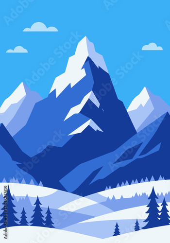 Stunning minimalist illustration of a towering snow mountain amidst a serene winter wonderland, featuring frosty peaks, rolling hills, and a forest of evergreen trees