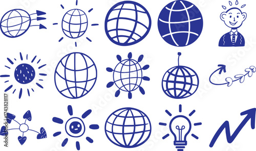 Dynamic doodle collection showcasing global business, innovation, and progress