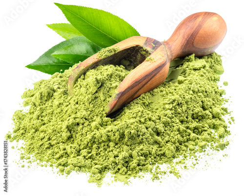 Pile of matcha tea and a wooden scoop in it isolated.