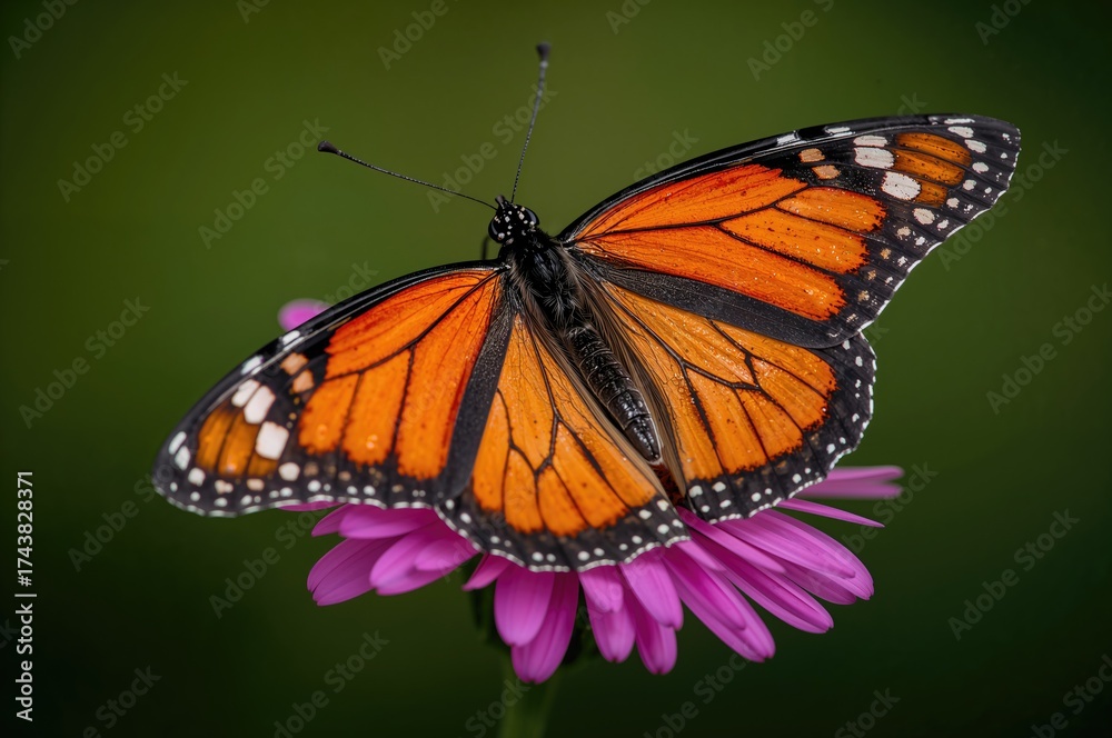 Fototapeta premium Close-up Shot of a Monarch Butterfly with Orange, White, and Black Wings on a Blooming Pink Daisy