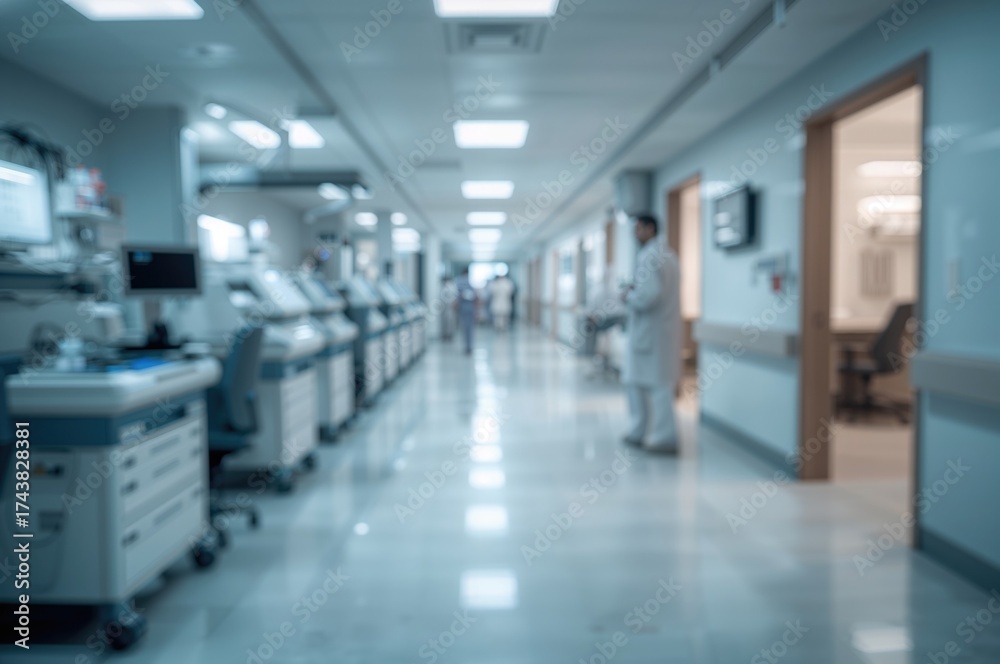 Fototapeta premium Blurred background of a medical hallway in a contemporary lab setting