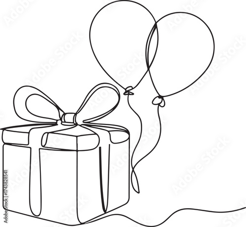Simple line art of a gift box and two balloons one line art