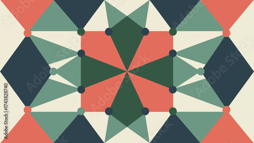 Geometric pattern featuring triangles squares and circles in shades of green blue and coral color palette
