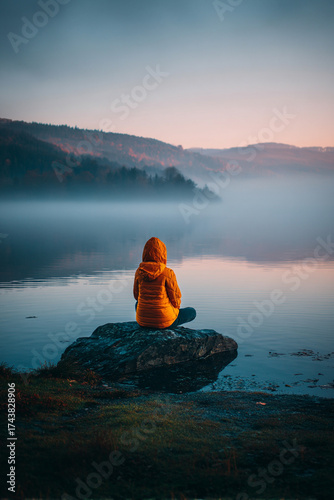 A person sitting cross-legged on a rock by a calm lake with mist rising at dawn.