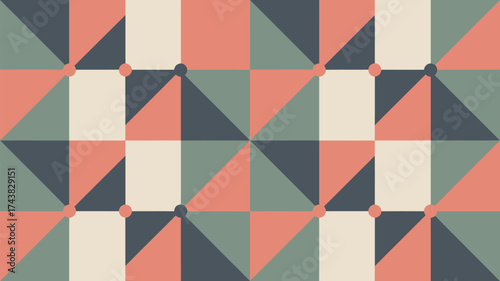 Geometric pattern with squares triangles and circles in muted colors arranged symmetrically on a background