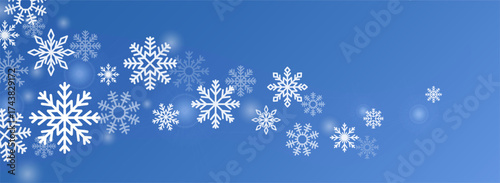 Snowflakes flying pattern, winter holiday background. Cold seasonal horizontal banner with snow flake crystals, snowy ornament in air, wind. Festive frost decoration. Flat vector illustration