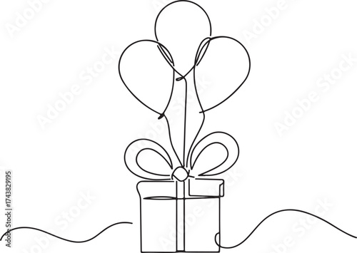 Simple line art of a gift box and two balloons one line art