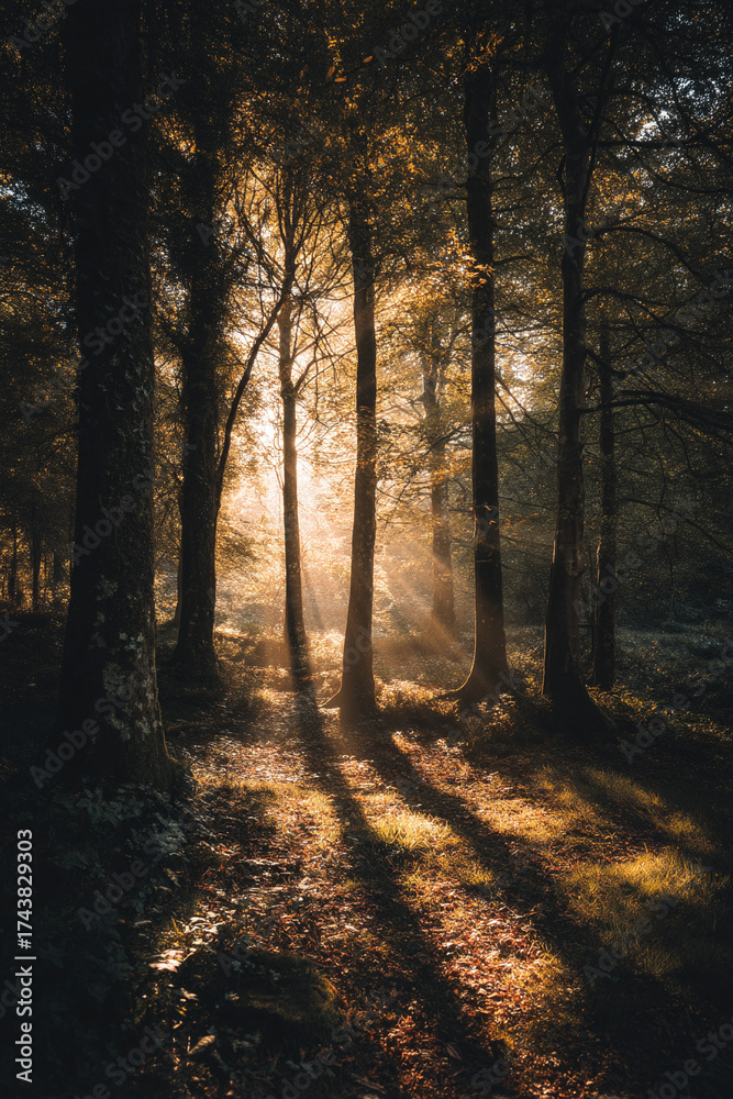 Obraz premium Golden sunlight filtering through tree branches creating dappled shadows on a forest floor.