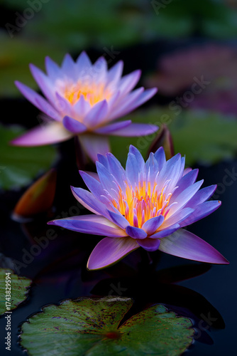 Close-up of water lilies floating peacefully on a still pond, their symmetry and vibrant colors conveying natural serenity.