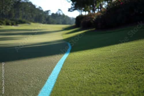 Wallpaper Mural Golf Course Fairway with Blue Hazard Line and Curved Turf Edge at Sunrise. AI generative Torontodigital.ca