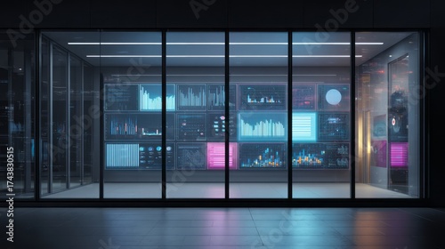Wallpaper Mural Glass-Walled Command Center with Data Analytics Dashboards and Interactive Screens. AI generative Torontodigital.ca
