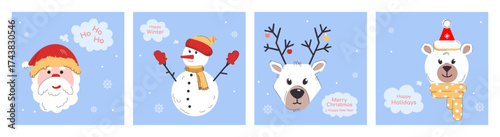 Holiday templates with Cute Christma Characters. Set of Santa Claus, snowman, reindeer, and polar bear holiday greetings for greeting cards,covers, print, posters, crafts, and seasonal design. Vector