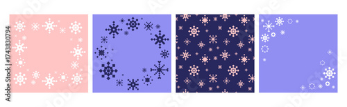 Collection of snowflake templates with frames, corners, wreaths, and seamless pattern on pastel and dark backgrounds for winter greeting cards, packaging, posters, invitations, scrapbooking. Vector