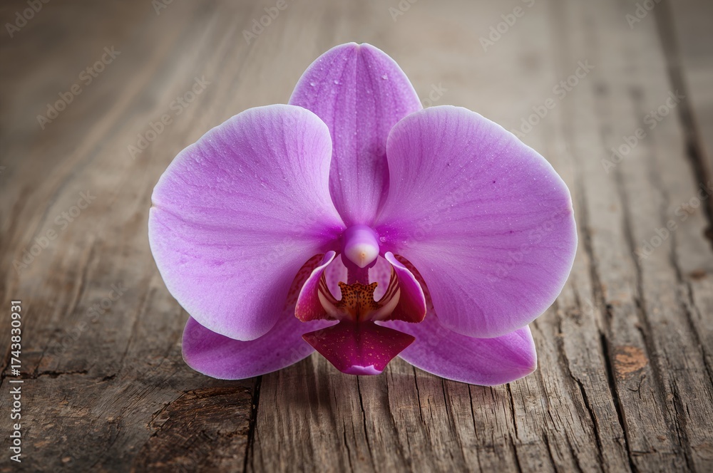Fototapeta premium Vibrant pink orchid resting on a wooden table