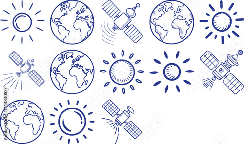 Explore doodle icons of sun, earth, and satellite for modern space designs