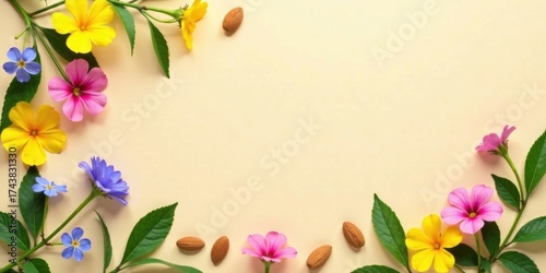 Pastel Floral Frame with Nuts and Greenery for Design Projects