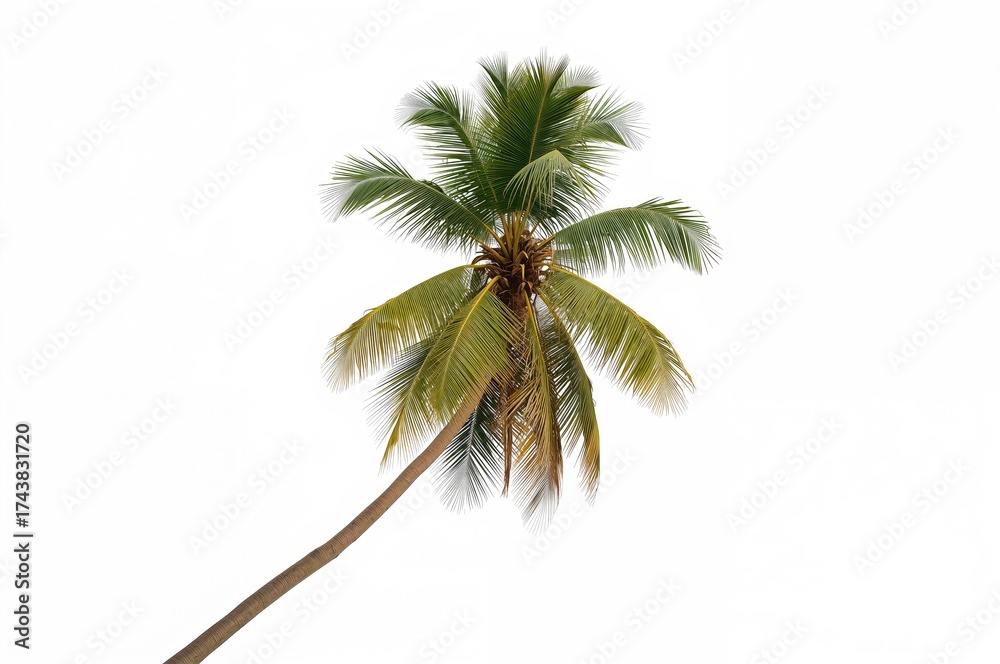 Fototapeta premium Tilted coconut palm tree on a plain white backdrop