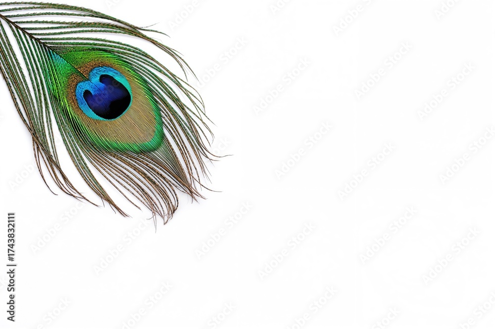 Obraz premium Close-up of a peacock feather against a plain white backdrop