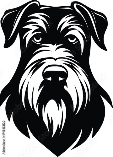Black Russian Terrier head silhouette with thick beard, strong muzzle, and alert eyes in vector