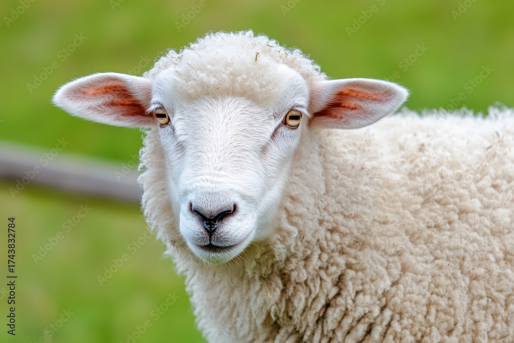 Fototapeta premium Close up portrait of a young lamb in a green pasture. Farming animal with white wool showing adorable face for agricultural theme.