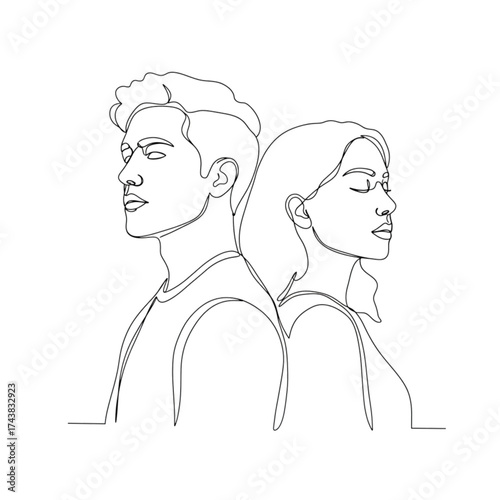 Minimalistic drawing of a man and a woman standing back to back. The entire portrait is made with one continuous black line. Inseparable, even when turned away.