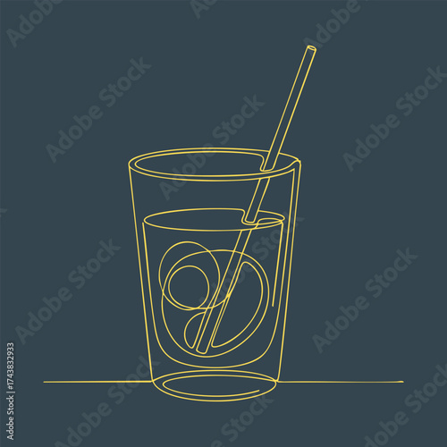 Minimalist Line Drawing of a Refreshing Beverage in a Glass with Ice and a Straw on a Dark