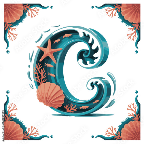 Decorative letter c with ocean waves seashells starfish and small fish in a whimsical underwater theme
