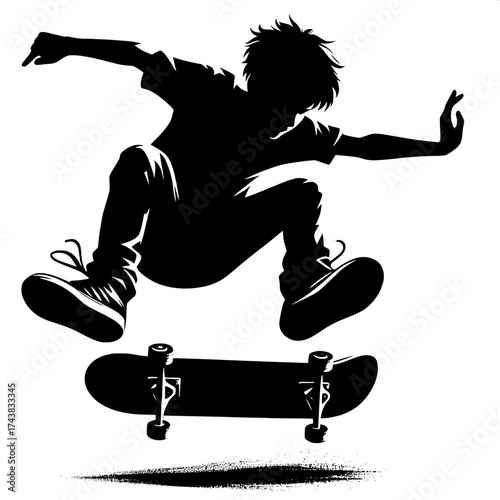 Black and White Vector Silhouette of a Boy Skating Mid-Trick