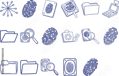 Data forensics investigation, digital security and digital identity investigation icons