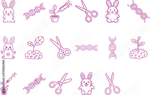Creative vector pattern of rabbits, DNA strands, plants and scissors for science