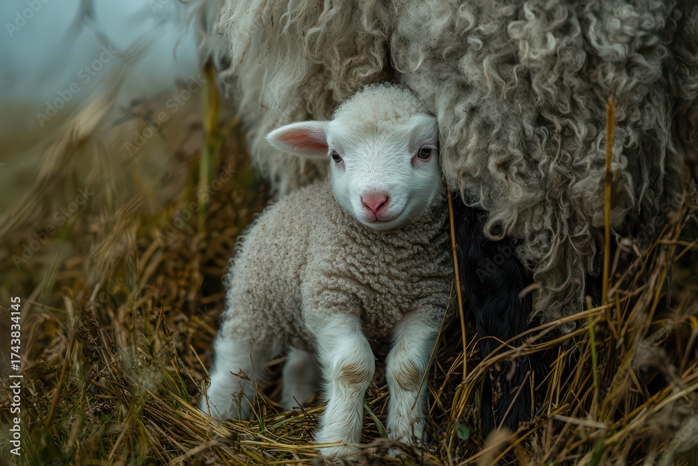 Obraz premium Cute lamb near sheep on farm. Baby animal close up on field with dry grass for spring holiday or agriculture concept.