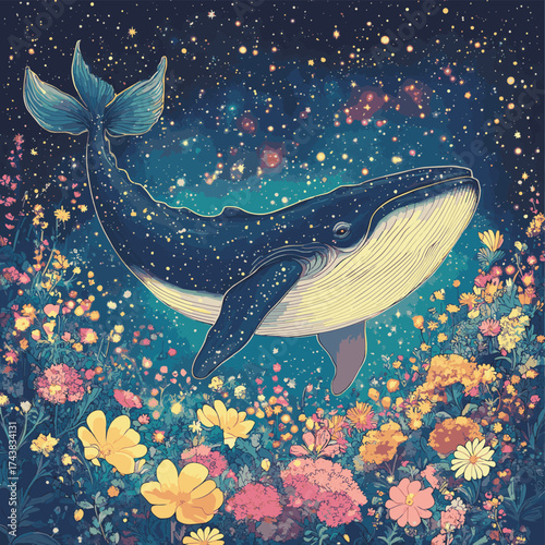 Ethereal Whale Swimming Amidst Underwater Floral Oasis , vector style simple color