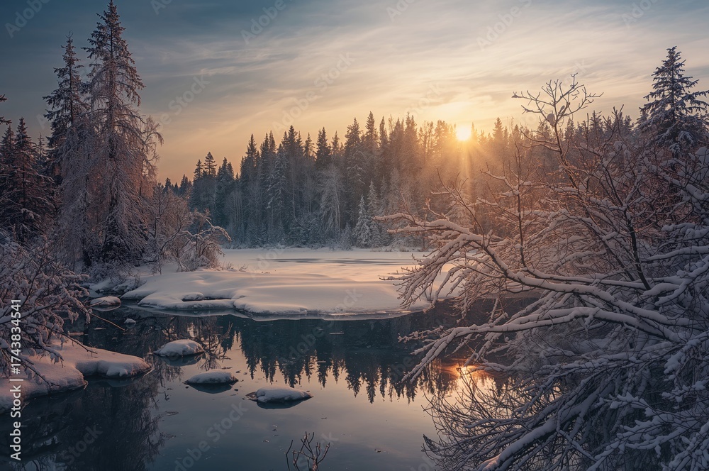 Fototapeta premium Snow-covered lake scene in winter with trees and serene water
