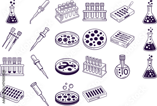 Modern scientific equipment for medical research with beakers, tubes, and petri dishes