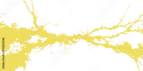 Yellow paint splashes and drops create a vibrant grunge texture illustration on a white backdrop