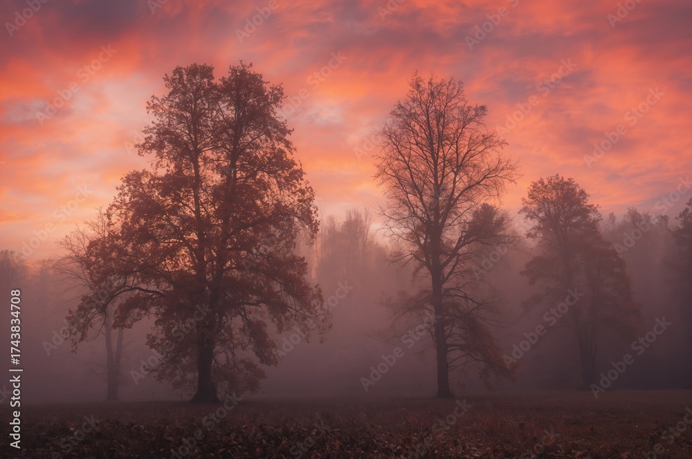 Fototapeta premium Foggy Woodland Scene with Haze and Trees