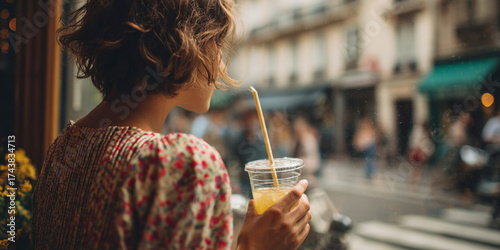 Customer standing at cafe window with takeaway drink, enjoying view of bustling street, feeling relaxed and content