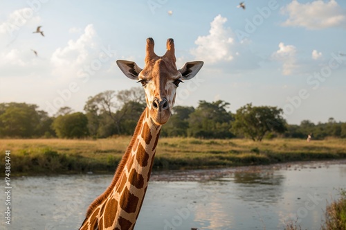 Giraffe of the Masai species standing close to a water source in the wild