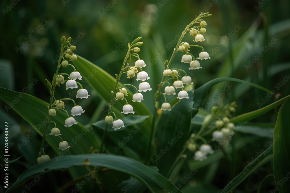 Obraz premium Blooming lily of the valley blossoms on a natural backdrop